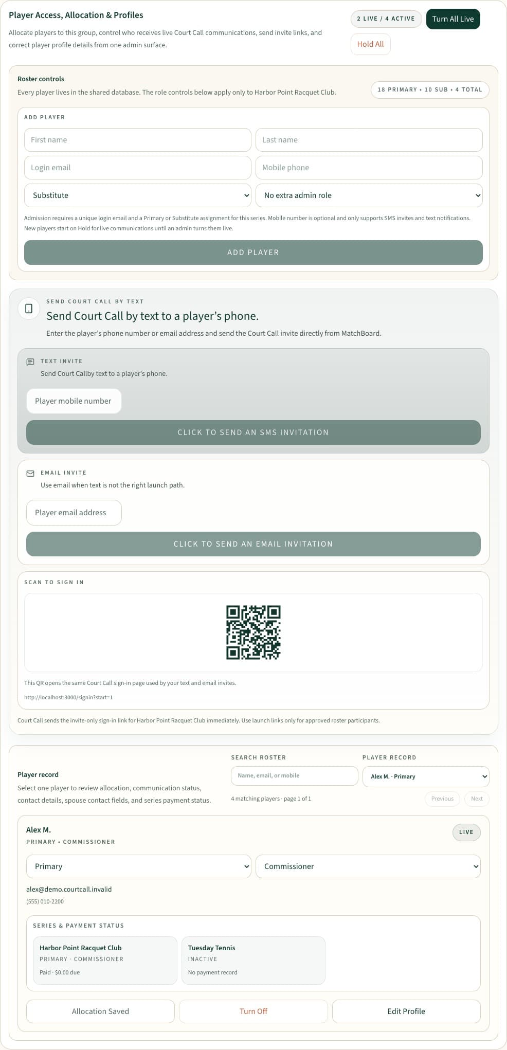 MatchBoard player access, roster allocation, communications, and profile administration