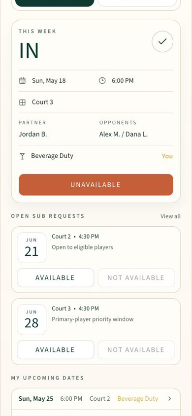 Synthetic Court Call player screen showing multiple eligible openings