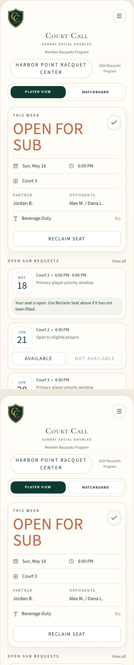 Synthetic Court Call player screen with an open seat